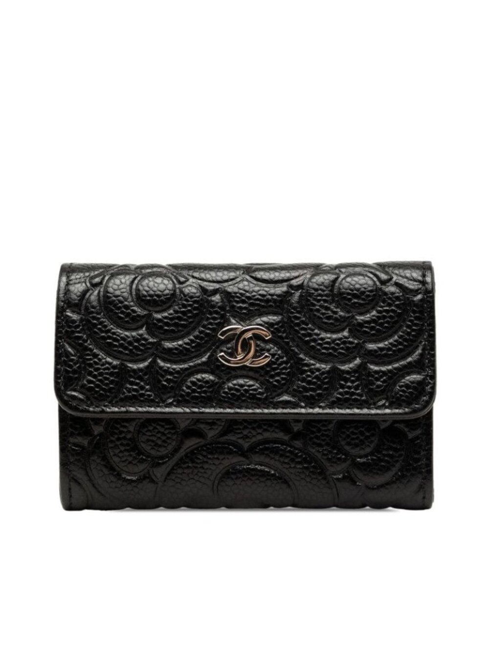 Chanel CC Logo Camellia Card Case Business Black Caviar Leather